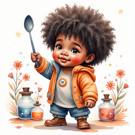Zippy Zapata holds up a big spoon while friends gather around the table. In the background, pastel-colored potion bottles