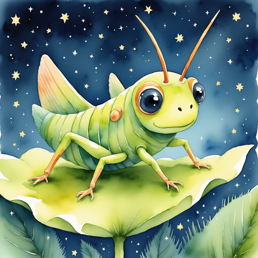 Leo the grasshopper lying peacefully on a large dandelion leaf, gazing up at the starry night sky. A sky full of twinkling stars