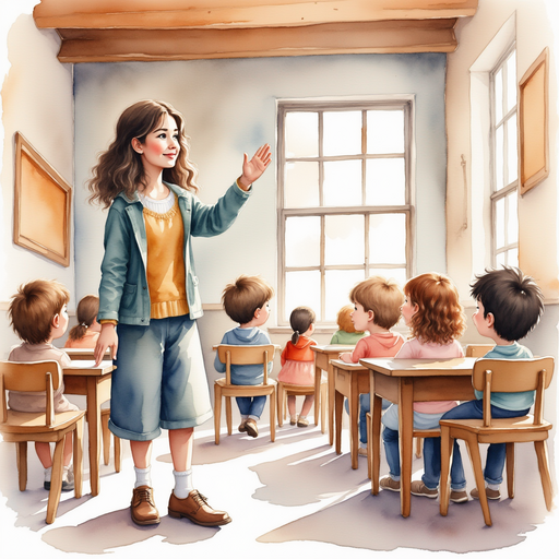 School instructor warmly as she addresses the curious children. In the background, rows of old wooden benches fill the classroom.