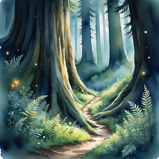 The giant trunk reveals a narrow passage illuminated by faint glimmers. In the background, tiny fireflies glow amid tall ferns.