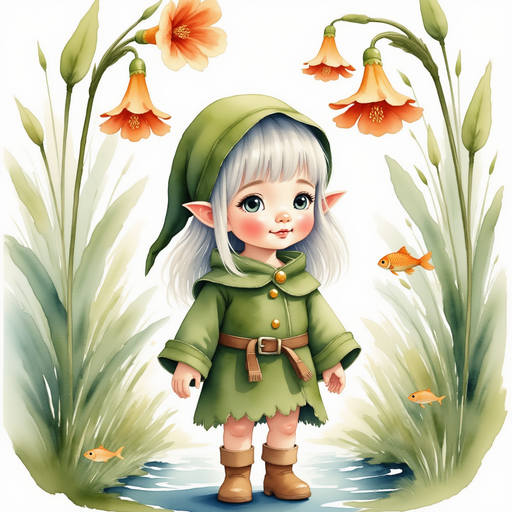 Flicker Sparkleaf standing beneath a tall trumpet-shaped blossom, her eyes wide with excitement. In the background, shimmering fish swim in a gentle stream