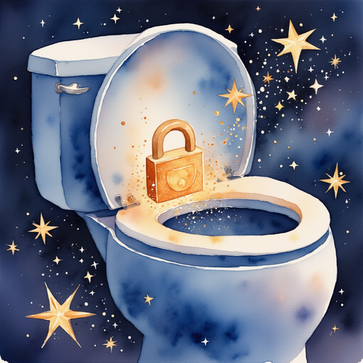 A shiny puzzle lock glints on the toilet seat (no characters shown). In the background, swirls of magical sparkles float in the air