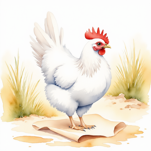 Cluckster tilts its head, watching the scroll on the ground. In the background, a sandy path winds through a meadow under the sun.