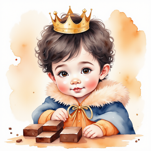 King Doodle Bum stacking rectangular chocolate bricks while biting his lip in thought. In the background, a half-built structure made of candy bricks
