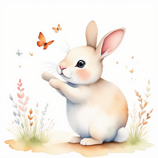 A friendly rabbit, Ruby, gestures excitedly towards a trail of glittering butterflies. In the background, wildflowers sway in the breeze of the meadow.