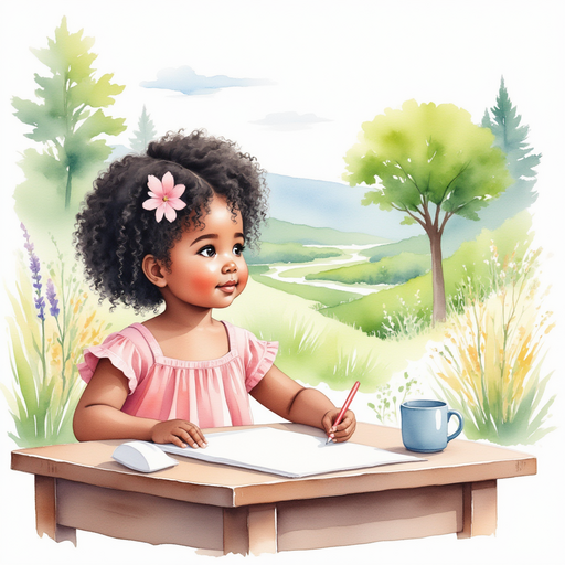 Ava sitting at a table, drawing a picture of Rolling Hills Park.