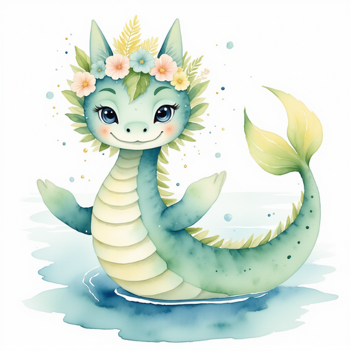 Nessie Sparkles waves cheerfully. In the background, sparkling lakes shine in the sunlight. In the background, sparkling lakes shine in the sunlight.