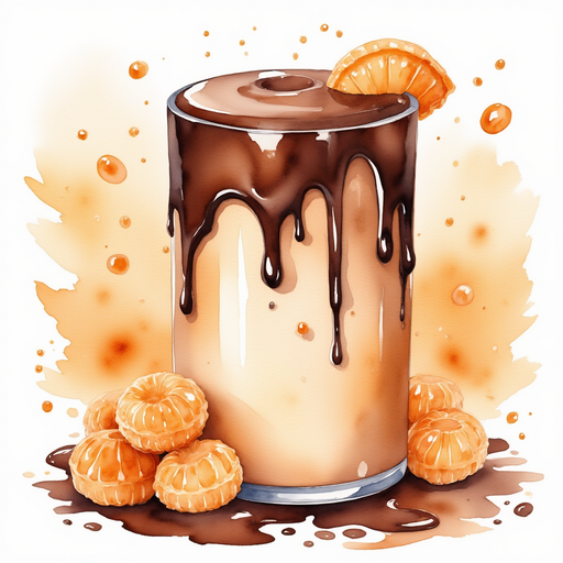 Show the tall, glossy cocoa door with melted edges. In the background, bright caramel drops sparkle like gems.