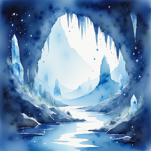 Magical light reflections dancing off the walls of the Crystal Caves. In the background, silhouettes of stalactites and stalagmites shimmer.