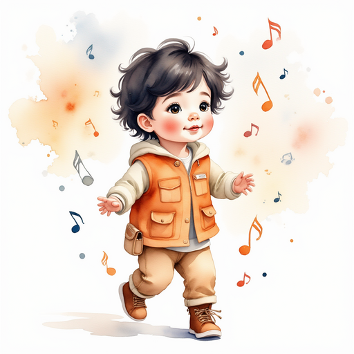 The air around Elliot fills with musical notes dancing harmoniously as he moves. In the background, swirling patterns of vibrant colors accompany the musical notes.