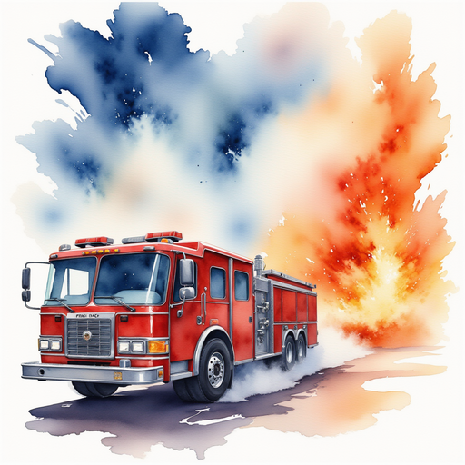 The fire truck spraying water and a fire breaking out