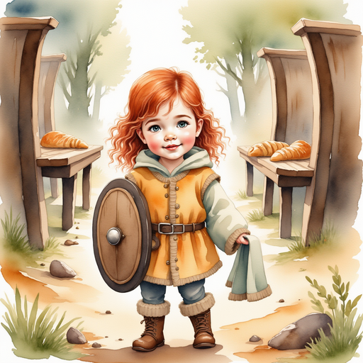 Bolda the Bright holding a cloth in her hand, showing her crew how to wipe the table In the background, the wooden benches lined with crumbs and half-eaten bread.