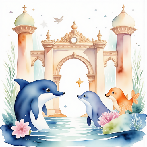 Present a mystical sea creature bowing gracefully at the palace gates, offering guidance to the enchanted treasure. In the background, towering palace gates adorned with intricate designs.