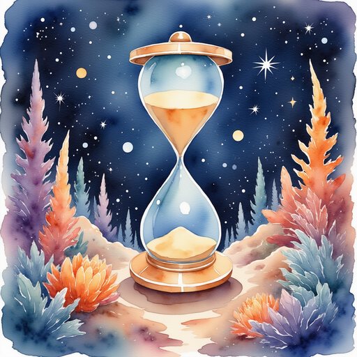 A tall hourglass glowing with diamond-like sand In the background, vast shelves filled with spines of many colors