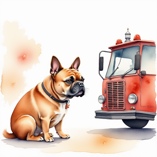 a caramel french bulldog is talking to a firetruck