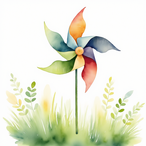 A whirling pinwheel with bright stripes. In the background, green grass peeks.