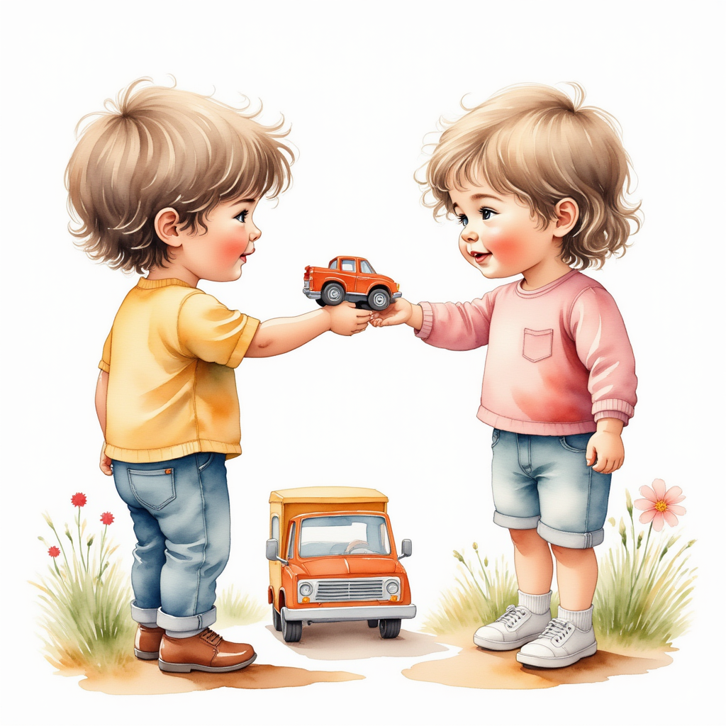 One child handing a toy truck to another child