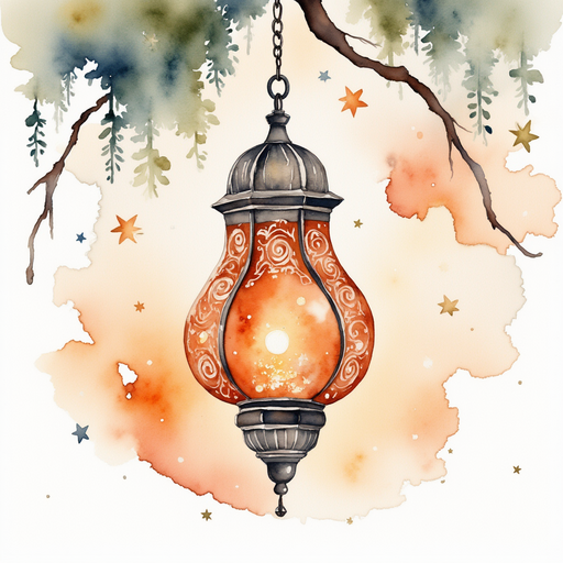 A carved lantern made from a gourd, painted with swirling patterns and stars. In the background, twisted tree branches arch overhead.