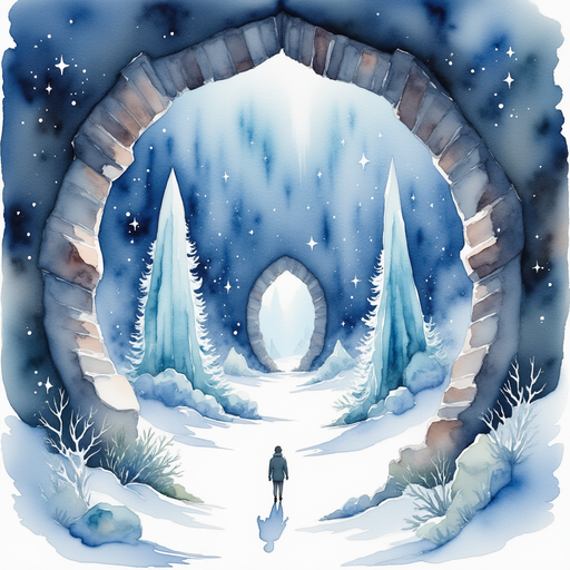 Snowflakes gently fall, forming intricate patterns that point towards a hidden entrance with ancient markings. In the background, looming crystal caverns are visible, creating a sense of mystery and wonder.