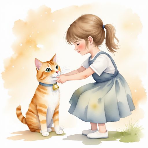 A young girl tying the bell to Luna's collar.