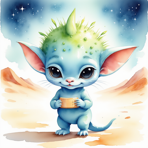Show Zibloo holding a small glowing device, shining softly In the background, the desert floor glimmers under star beams