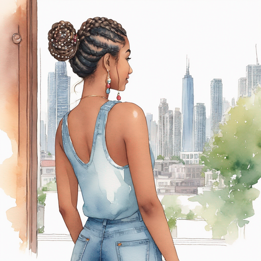 Ahgaddes still face long braided bun with beads wearing tank top and denim jeans standing in front of door of house cityscape and skyscraper in nearby distance