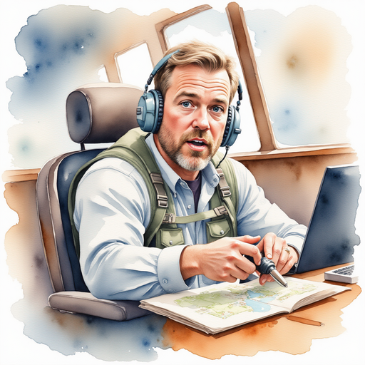 The pilot gripping a lever and looking startled In the background, a big map spread out on a small wooden table.