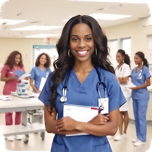 Taylin is wearing nurse scrubs and long curly hair smiling standing in front of nurses station holding a clipboard in the hospital.