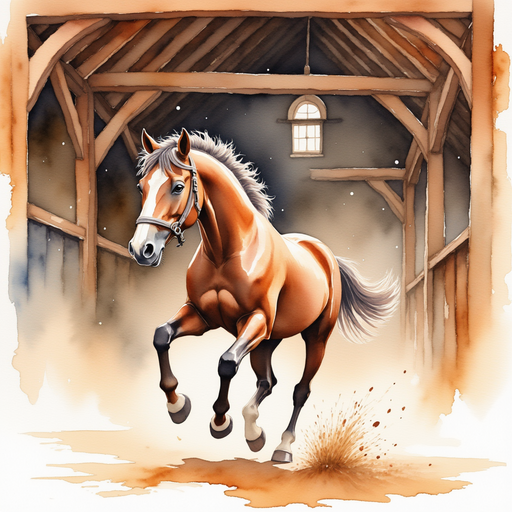 Rusty prances around energetically, his hooves kicking up small bits of straw. In the background, wooden beams reach high over the barn interior.