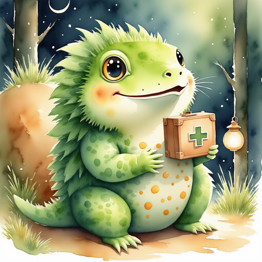 Blossom Sprout clutches a small emergency kit, tucking it beside a bale of hay. In the background, narrow lantern light reveals carefully stored equipment