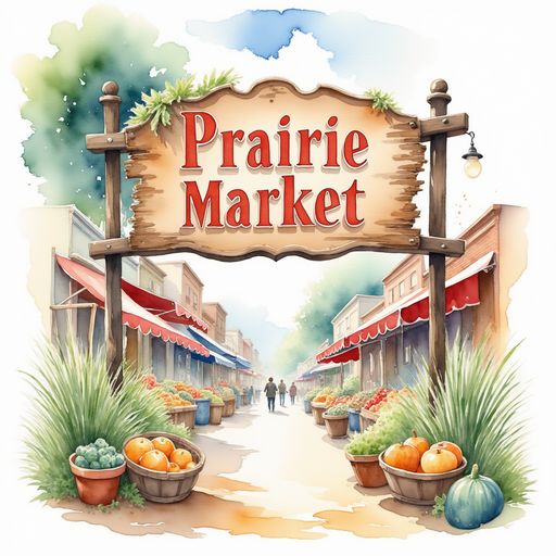 A worn wooden sign reading 'Prairie Market,' painted with bright letters In the background, colorful stalls line the busy market