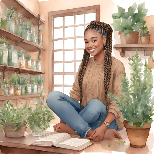 Ahgaddes smiling long tribal braids pinned worried dismayed wearing brown sweater and denim pants Well-tended medicinal herbs in a tranquil apothecary room