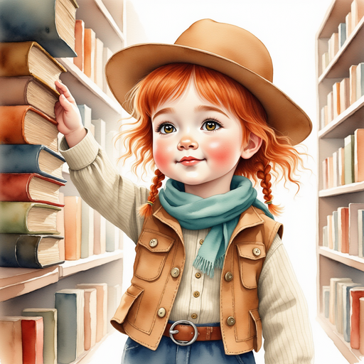 Calamity Kate runs her hand over the dusty spines of old books on the shelves. In the background, tall shelves filled with worn-out books