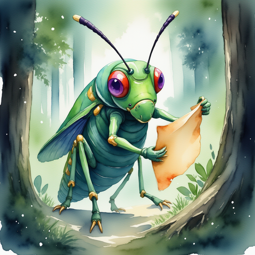 Show Buzzywhirl holding the mysterious parchment with wide eyes. In the background, swirling mist wraps around dark tree trunks.