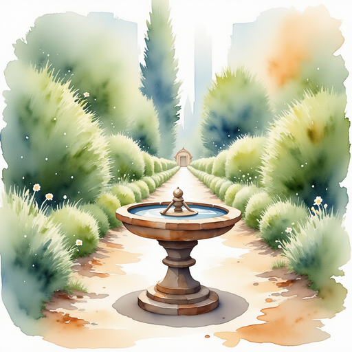 A worn sundial stands on a small stone pedestal, with a faint sparkle on its edge. In the background, curving hedges hide secret corridors.
