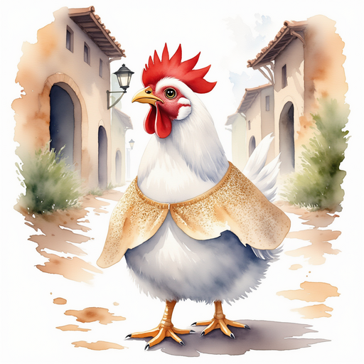 Cluckster wears a sparkly cape, beak wide open in a lively tune. In the background, stone walls line the narrow village road under the soft glow of lanterns.