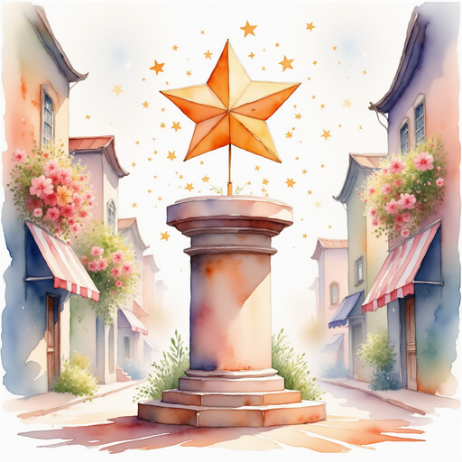 A shimmering Heart-Star rests on a tall pedestal. In the background, flowers sway gently in the village square.