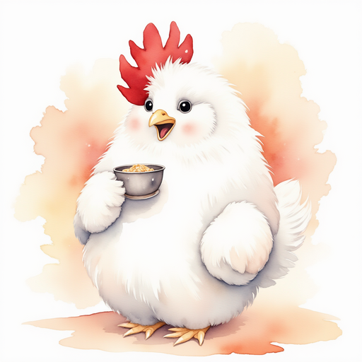 Cluckster holds a small cup of seeds, humming happily. In the background, pastel clouds glow in the sky.