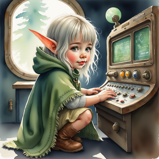 Flicker Sparkleaf kneeling beside the train’s complex control panel. In the background, a swirl of lights and dials glow softly from the console.