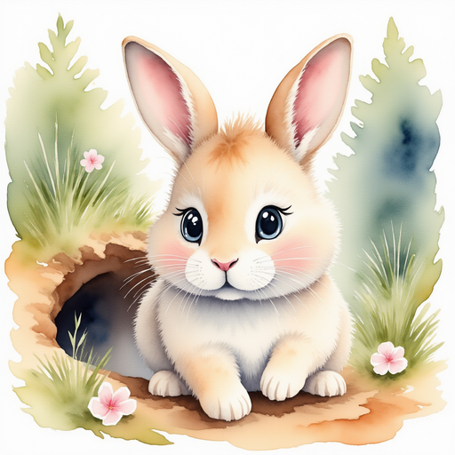 Rini cautiously poking her head out of a burrow, her eyes wide and ears twitching attentively. In the background, dense forest foliage adds a sense of mystery and curiosity.