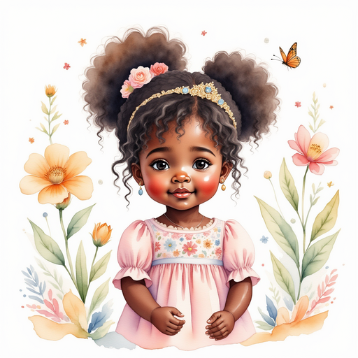 Princess Zoombella - who is black - is bending down to listen to a tiny old butterfly named Whisper. In the background tall flower stems swaying in a gentle breeze