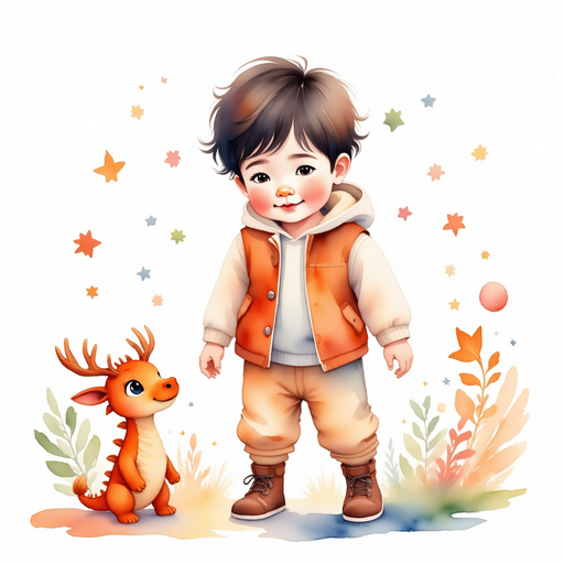 A tiny dragon formed from colorful shapes playfully swooping around Elliot. In the background, magical creatures frolic in a field of shifting colors.