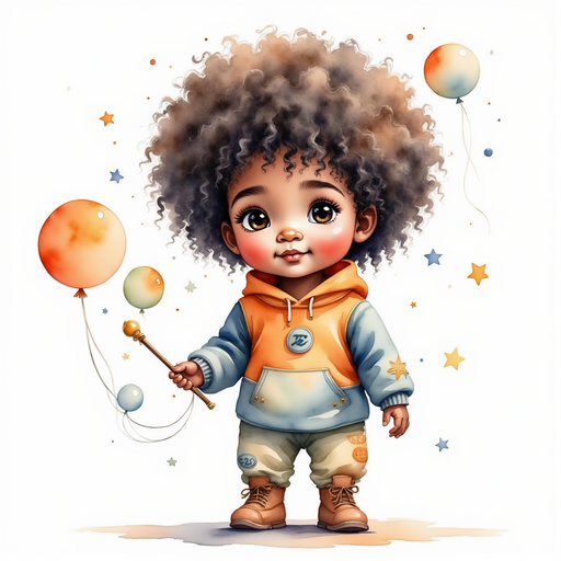 Zippy Zapata gently holding his wand and looking determined In the background, a cluster of smaller balloons ready for flight.