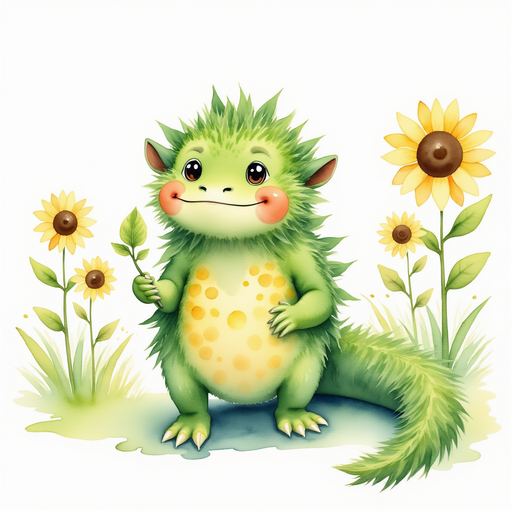 Blossom holds a tiny sprout, gazing upward with hopeful eyes. In the background tall sunflowers sway in the breeze.