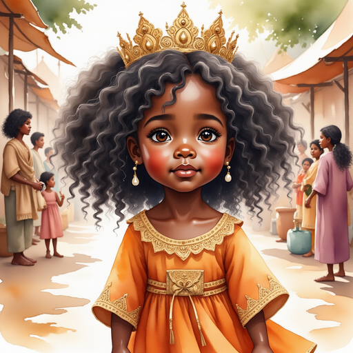 Queen Neena stands near a group of curious villagers, concern on her face. In the background, a collection of market stalls.