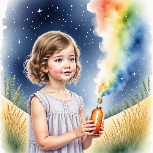 Sofia holding the vial of liquid color, looking at the disappearing rainbow.