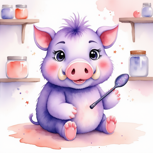 Brutus grins, holding a shiny spoon in his hoof. In the background, jars of sparkly powder rest on shelves.