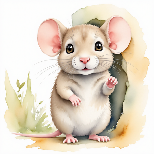 Illustrate the mouse looking through a gap in the wall, its eyes widened in wonder. An expansive, mysterious wilderness outside the crack.