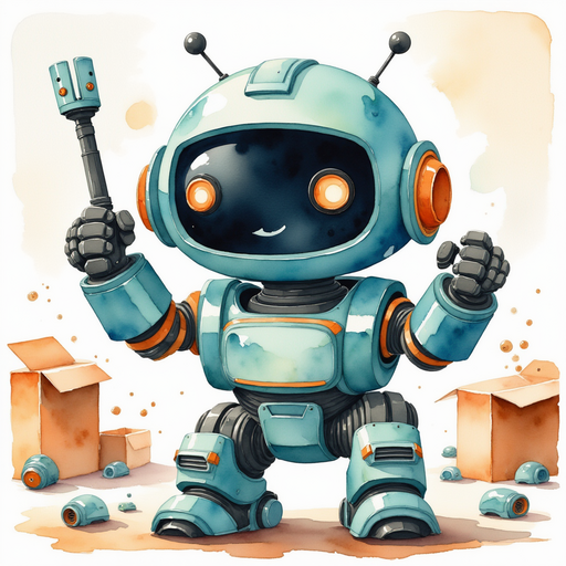 Blinky Sparx trying to tighten a cluster of wires, looking determined In the background toppled boxes spilling more parts