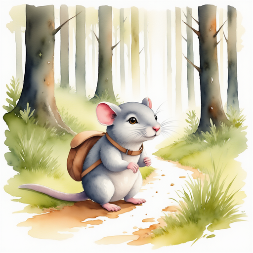 Show the winding path Milo is taking, littered with crumbs of cheese from his backpack. Tall trees of the old oak forest